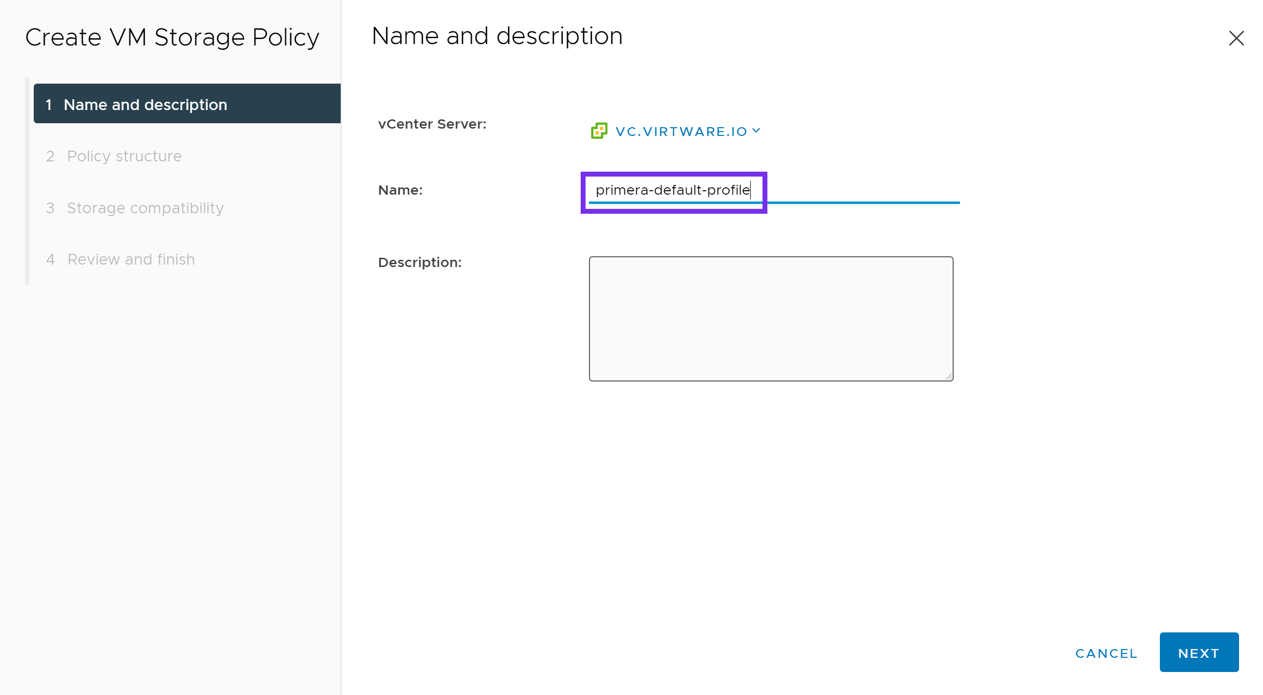 Specify name of Storage Policy